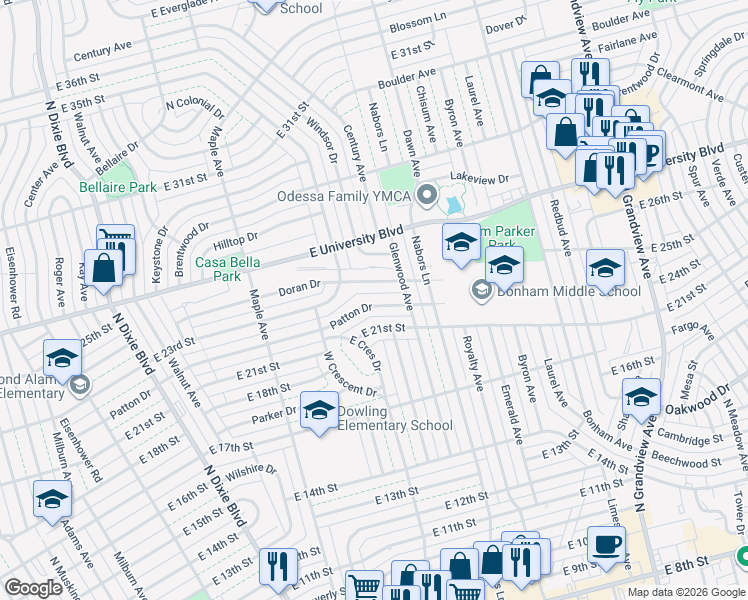 map of restaurants, bars, coffee shops, grocery stores, and more near 1709 Patton Drive in Odessa