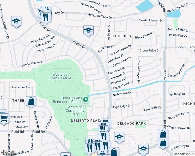 map of restaurants, bars, coffee shops, grocery stores, and more near 7321 Desierto Rico Avenue in El Paso