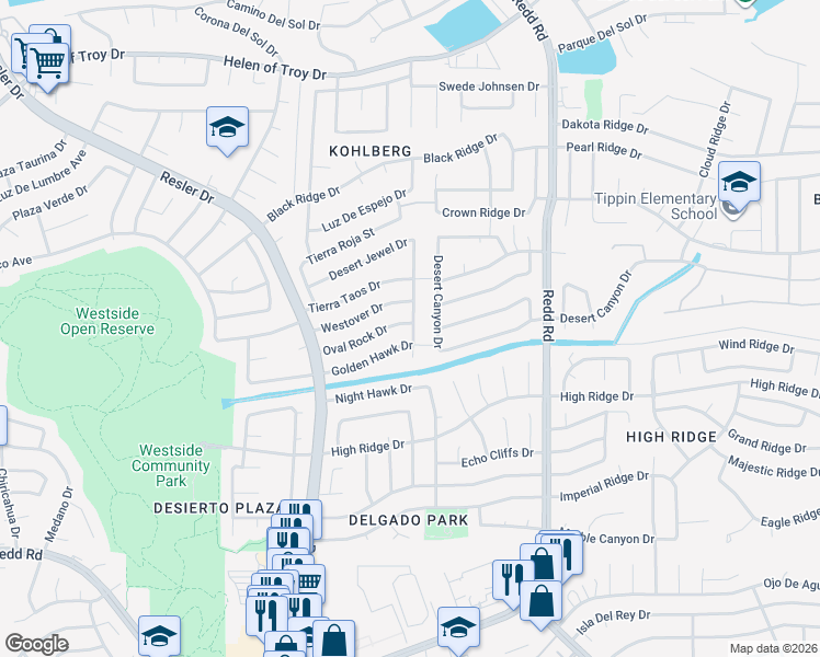 map of restaurants, bars, coffee shops, grocery stores, and more near 7101 Golden Hawk Drive in El Paso