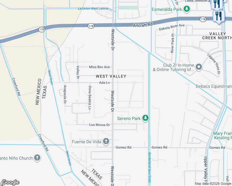 map of restaurants, bars, coffee shops, grocery stores, and more near 5953 Westside Drive in El Paso