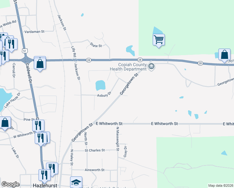 map of restaurants, bars, coffee shops, grocery stores, and more near 562 Georgetown Street in Hazlehurst