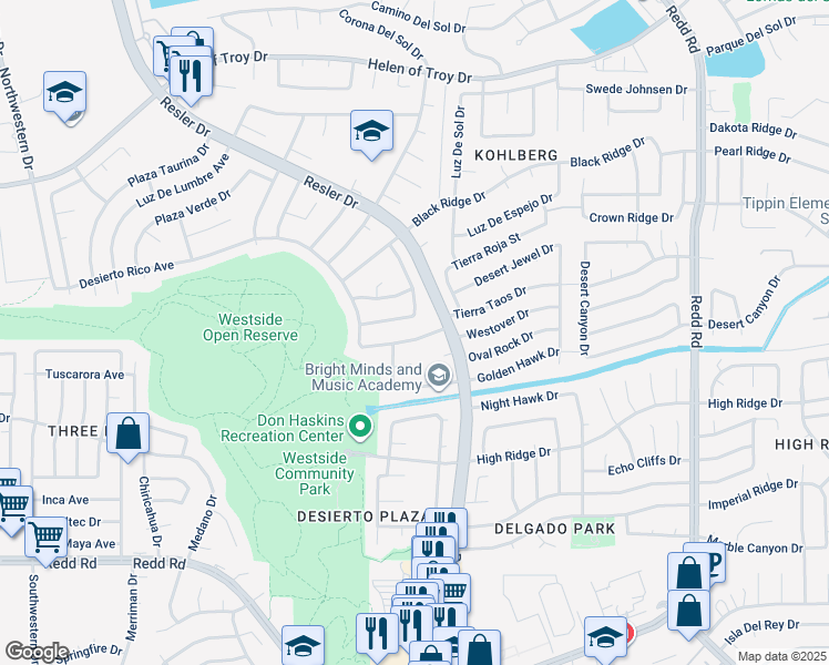 map of restaurants, bars, coffee shops, grocery stores, and more near 7317 Desierto Rico Avenue in El Paso