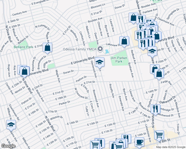 map of restaurants, bars, coffee shops, grocery stores, and more near 1802-1804 Patton Drive in Odessa