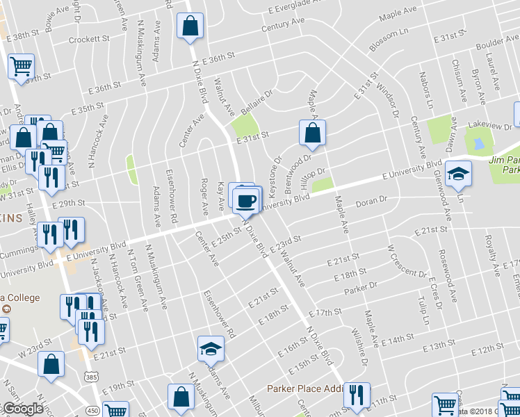 map of restaurants, bars, coffee shops, grocery stores, and more near 1121 East University Boulevard in Odessa