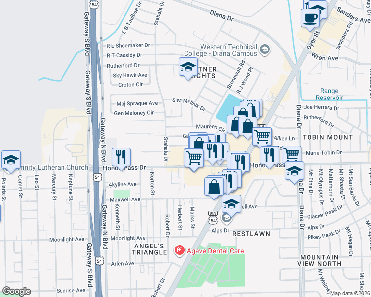 map of restaurants, bars, coffee shops, grocery stores, and more near Unnamed Road in El Paso