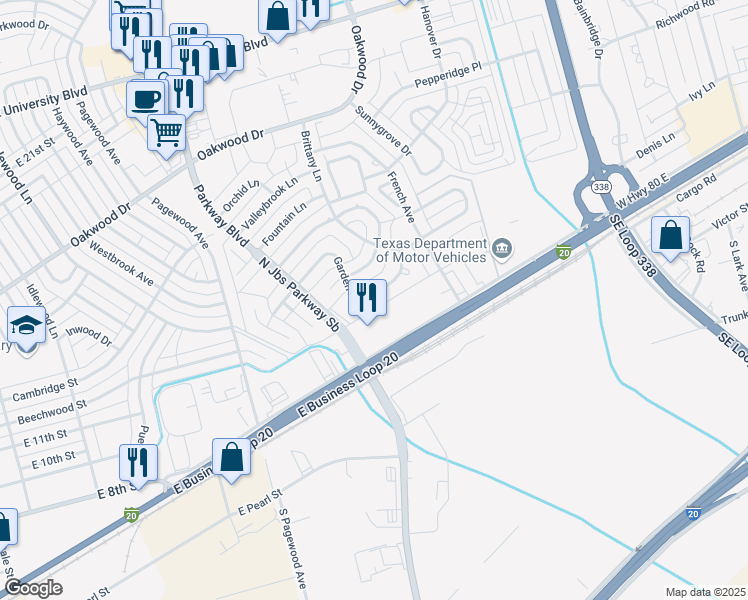 map of restaurants, bars, coffee shops, grocery stores, and more near 4630 Lemonwood Lane in Odessa