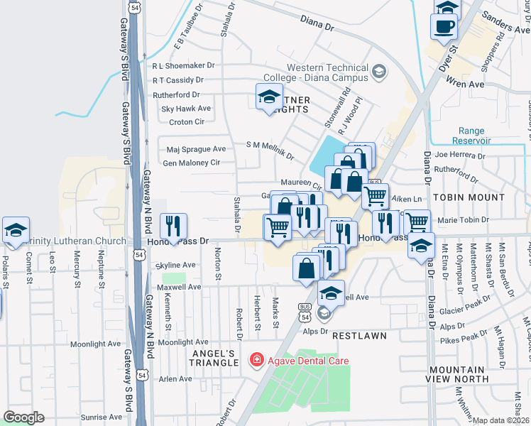map of restaurants, bars, coffee shops, grocery stores, and more near Unnamed Road in El Paso