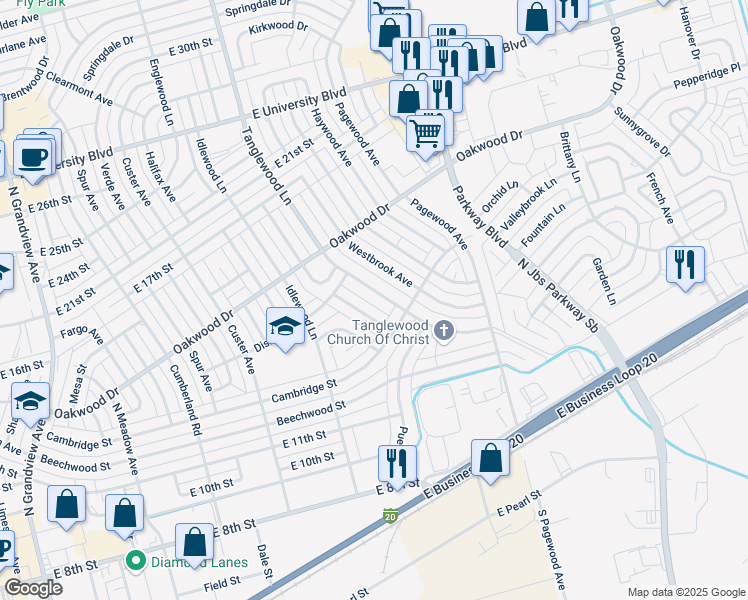 map of restaurants, bars, coffee shops, grocery stores, and more near 1408 Sandalwood Lane in Odessa