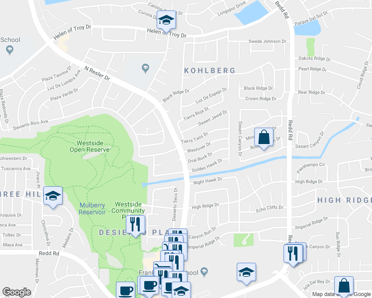 map of restaurants, bars, coffee shops, grocery stores, and more near 7229 Westover Drive in El Paso