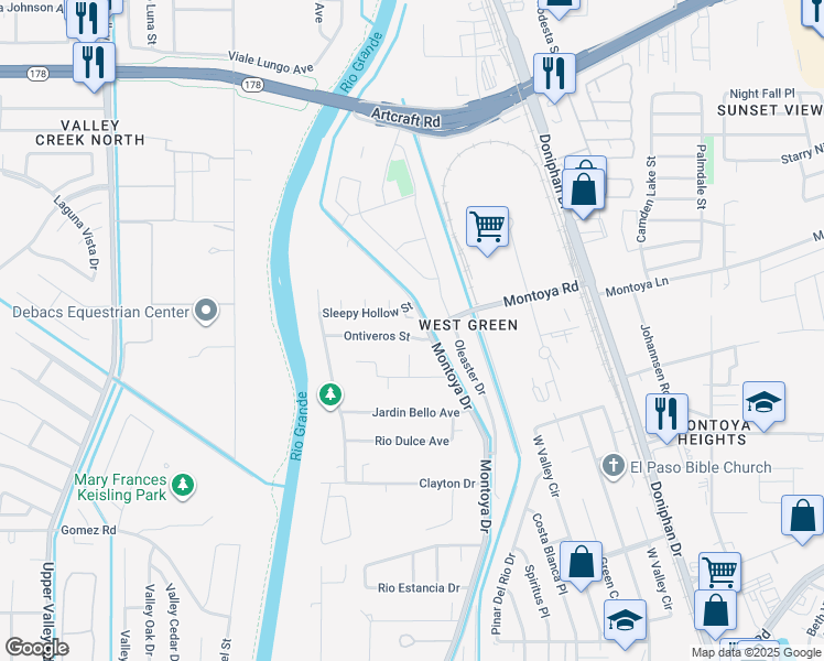 map of restaurants, bars, coffee shops, grocery stores, and more near 305 Ontiveros Street in El Paso
