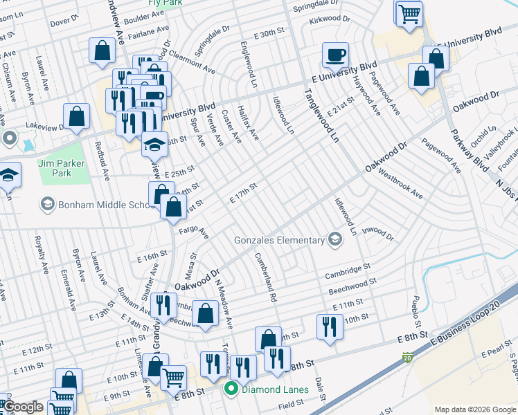 map of restaurants, bars, coffee shops, grocery stores, and more near 1508 Spur Avenue in Odessa
