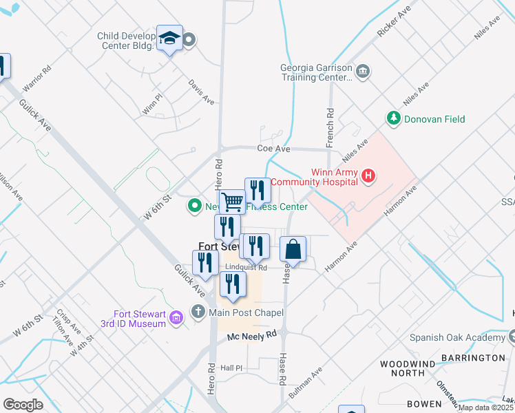 map of restaurants, bars, coffee shops, grocery stores, and more near Steele Avenue in Fort Stewart