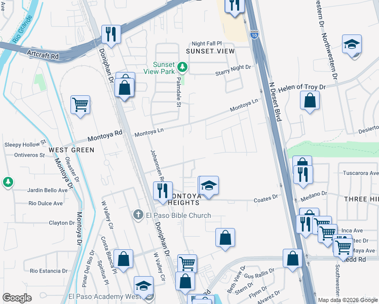 map of restaurants, bars, coffee shops, grocery stores, and more near 301 Edgar Road in El Paso