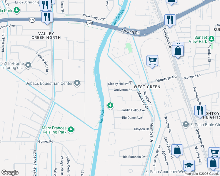 map of restaurants, bars, coffee shops, grocery stores, and more near 5932 Sixta Drive in El Paso