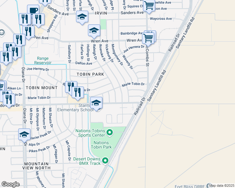 map of restaurants, bars, coffee shops, grocery stores, and more near 9103 Roanoke Drive in El Paso