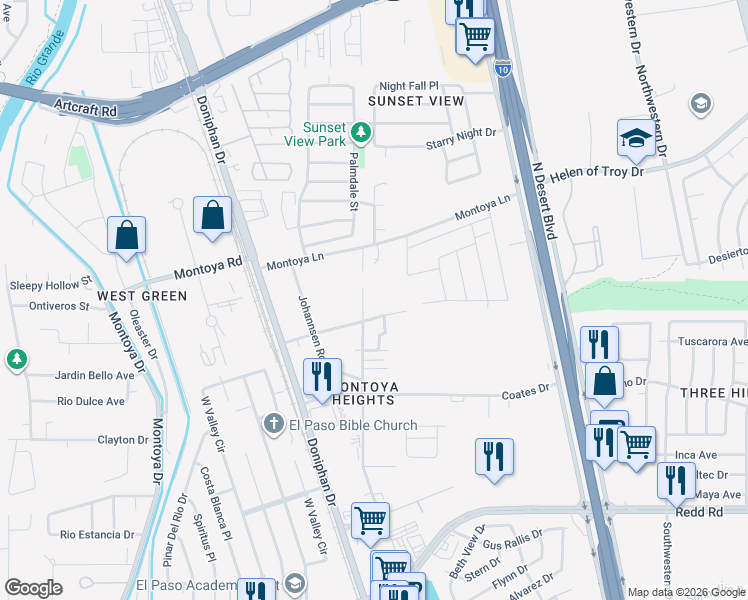 map of restaurants, bars, coffee shops, grocery stores, and more near 301 Edgar Road in El Paso