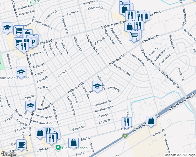 map of restaurants, bars, coffee shops, grocery stores, and more near 1431 Englewood Lane in Odessa