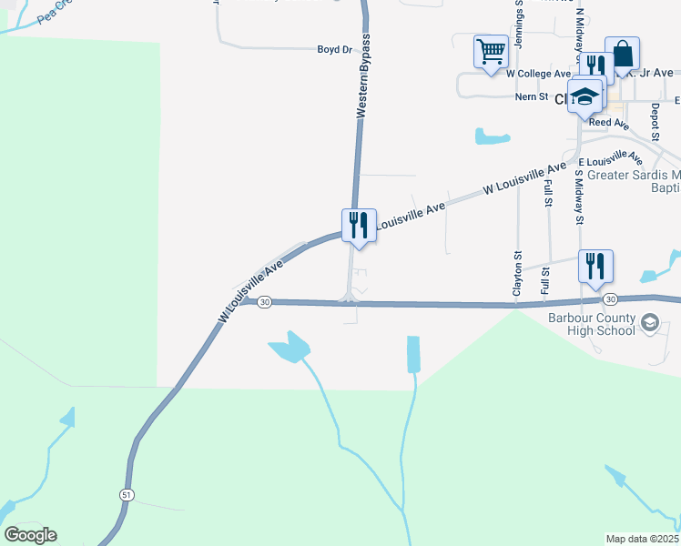 map of restaurants, bars, coffee shops, grocery stores, and more near 30 Western Bypass in Clayton