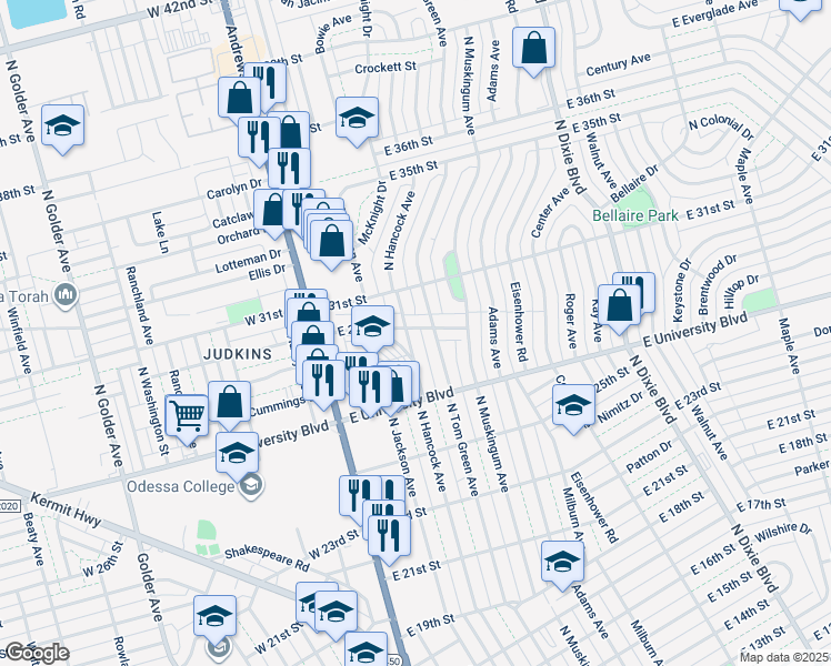 map of restaurants, bars, coffee shops, grocery stores, and more near 2726 North Hancock Avenue in Odessa