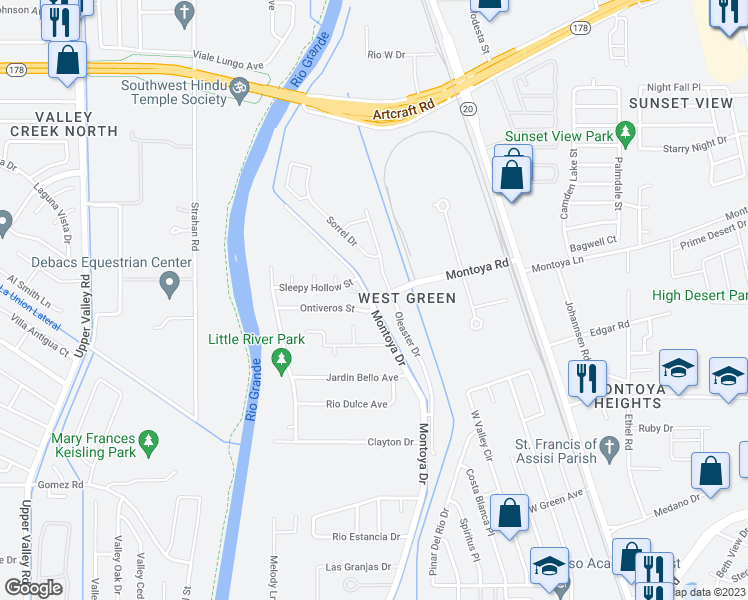 map of restaurants, bars, coffee shops, grocery stores, and more near 366 Montoya Road in El Paso
