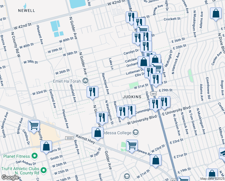 map of restaurants, bars, coffee shops, grocery stores, and more near 407 Ellis Drive in Odessa