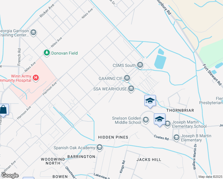 map of restaurants, bars, coffee shops, grocery stores, and more near Troupe Avenue in Fort Stewart