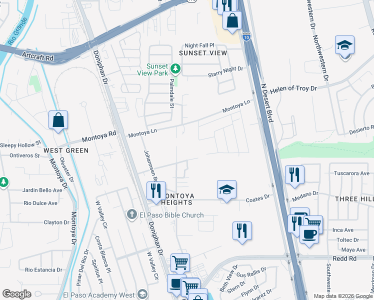 map of restaurants, bars, coffee shops, grocery stores, and more near 5980 Ethel Road in El Paso