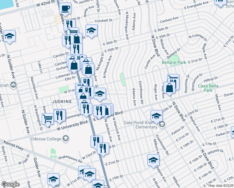 map of restaurants, bars, coffee shops, grocery stores, and more near 2900 North Tom Green Avenue in Odessa
