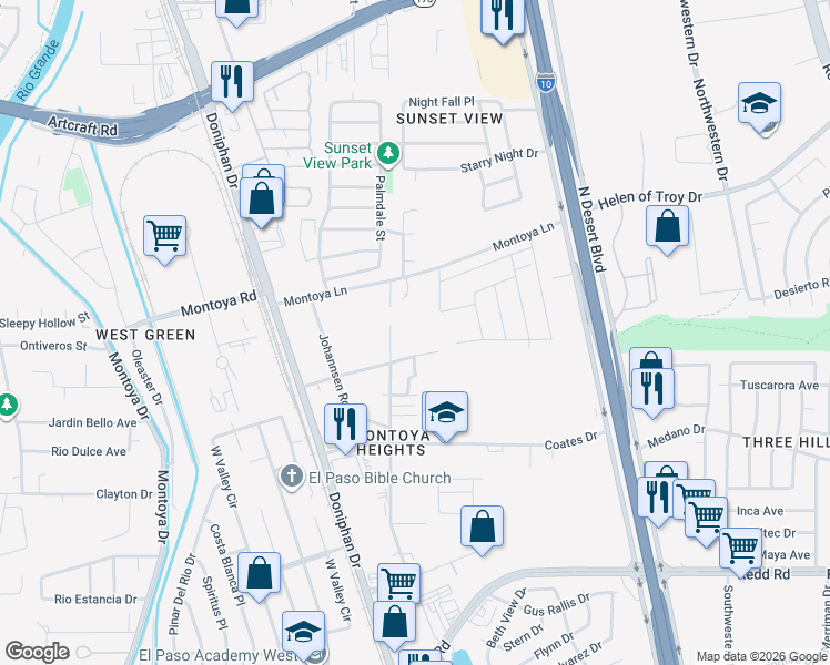 map of restaurants, bars, coffee shops, grocery stores, and more near 5980 Ethel Road in El Paso