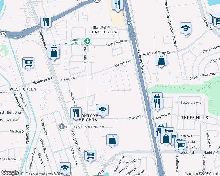 map of restaurants, bars, coffee shops, grocery stores, and more near 6092 Rivet Place in El Paso