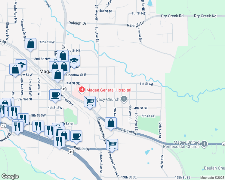 map of restaurants, bars, coffee shops, grocery stores, and more near 208 7th Avenue North East in Magee