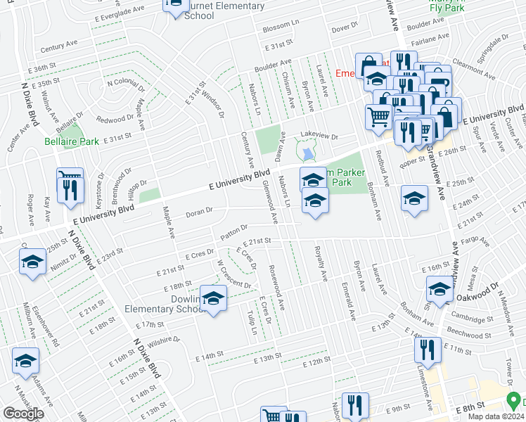 map of restaurants, bars, coffee shops, grocery stores, and more near 1802 Doran Drive in Odessa