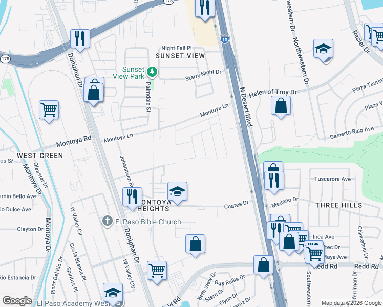 map of restaurants, bars, coffee shops, grocery stores, and more near 6092 Rivet Place in El Paso