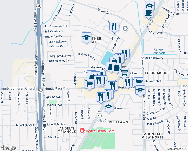 map of restaurants, bars, coffee shops, grocery stores, and more near 4728 Gabriel Drive in El Paso