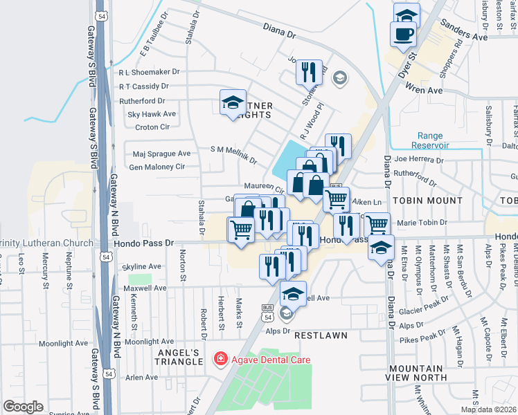 map of restaurants, bars, coffee shops, grocery stores, and more near 4728 Gabriel Drive in El Paso