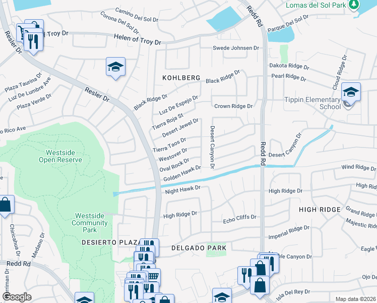 map of restaurants, bars, coffee shops, grocery stores, and more near 7136 Tierra Taos Drive in El Paso