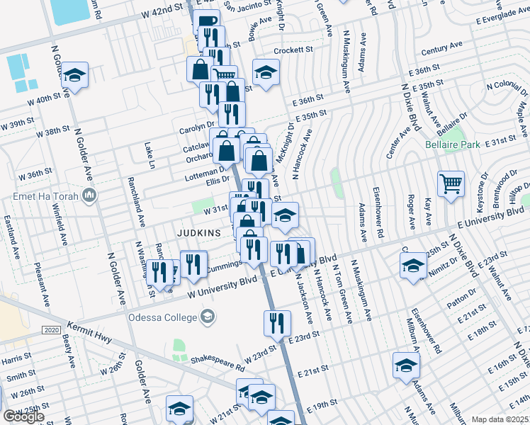 map of restaurants, bars, coffee shops, grocery stores, and more near 108 East 31st Street in Odessa