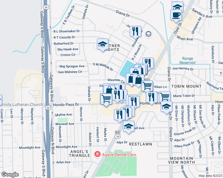 map of restaurants, bars, coffee shops, grocery stores, and more near 4728 Gabriel Drive in El Paso