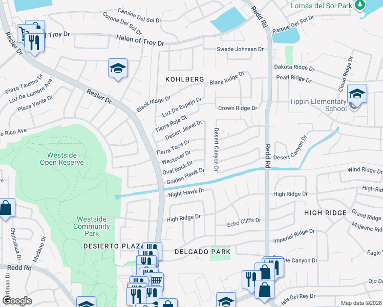map of restaurants, bars, coffee shops, grocery stores, and more near 7136 Tierra Taos Drive in El Paso