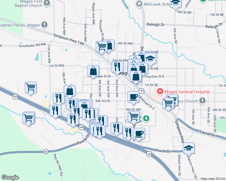 map of restaurants, bars, coffee shops, grocery stores, and more near 202 3rd Avenue Southwest in Magee