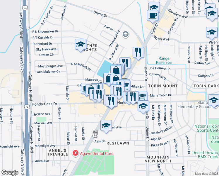 map of restaurants, bars, coffee shops, grocery stores, and more near 9109 Dyer Street in El Paso