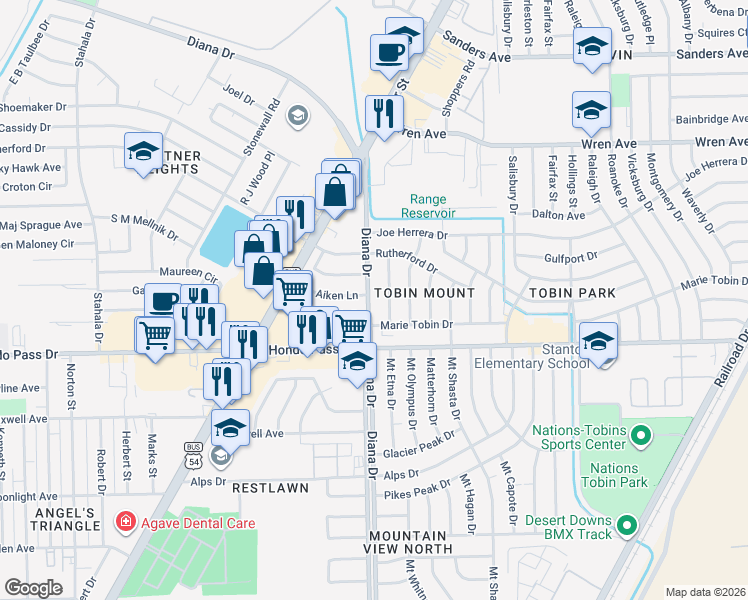map of restaurants, bars, coffee shops, grocery stores, and more near 4971 Aiken Lane in El Paso
