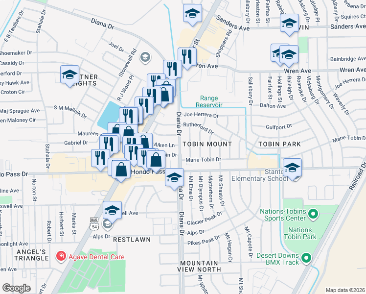 map of restaurants, bars, coffee shops, grocery stores, and more near 4971 Aiken Lane in El Paso