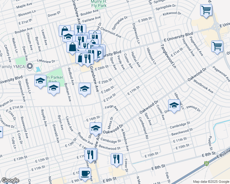 map of restaurants, bars, coffee shops, grocery stores, and more near 2423 East 21st Street in Odessa