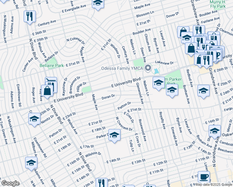 map of restaurants, bars, coffee shops, grocery stores, and more near 1607 Doran Drive in Odessa