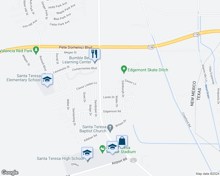 map of restaurants, bars, coffee shops, grocery stores, and more near 5819 Manchester Drive in Santa Teresa