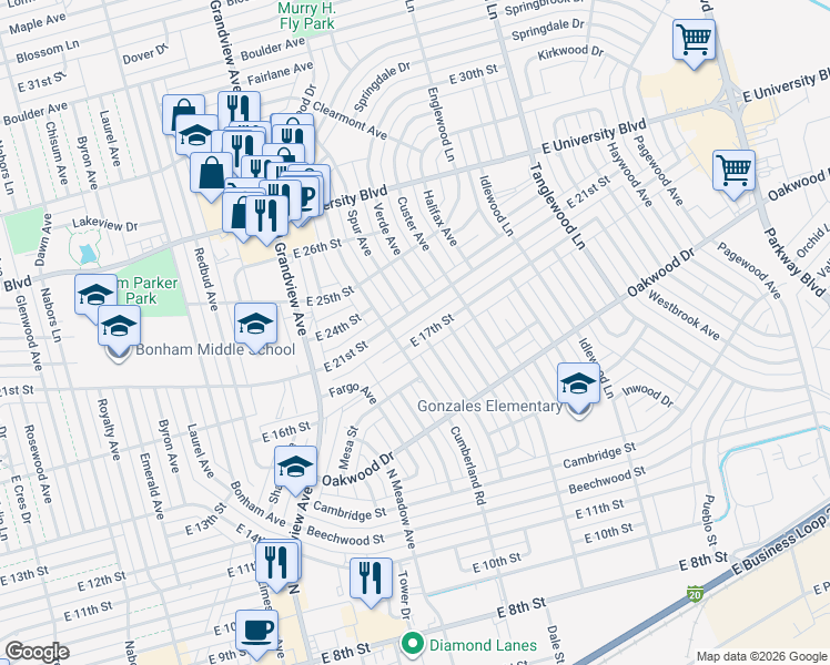 map of restaurants, bars, coffee shops, grocery stores, and more near 2605 E 17th St in Odessa