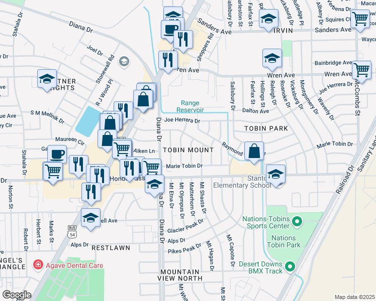 map of restaurants, bars, coffee shops, grocery stores, and more near 9131 Matterhorn Drive in El Paso
