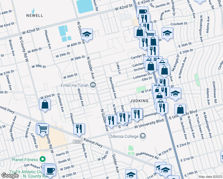 map of restaurants, bars, coffee shops, grocery stores, and more near 501 Ellis Drive in Odessa