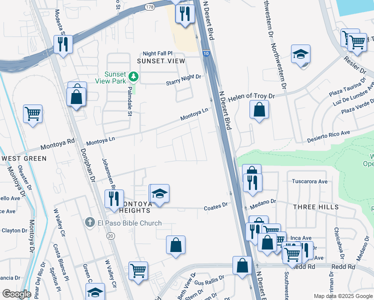 map of restaurants, bars, coffee shops, grocery stores, and more near 6080 Pocket Place in El Paso